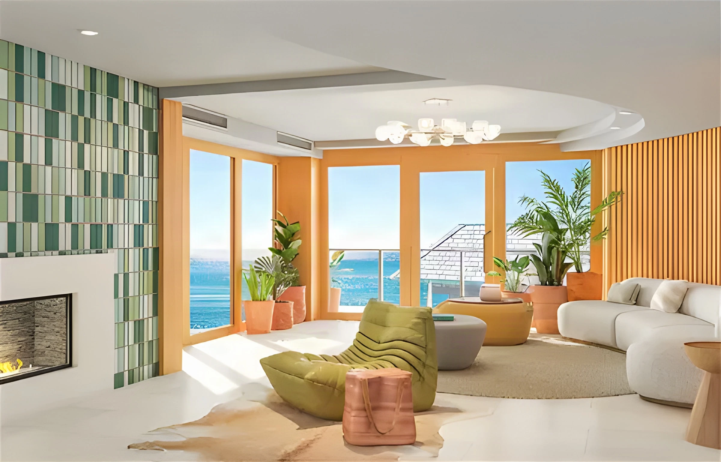 Beach Terrace Inn lounge with a green tile fireplace wall and floor-to-ceiling ocean windows