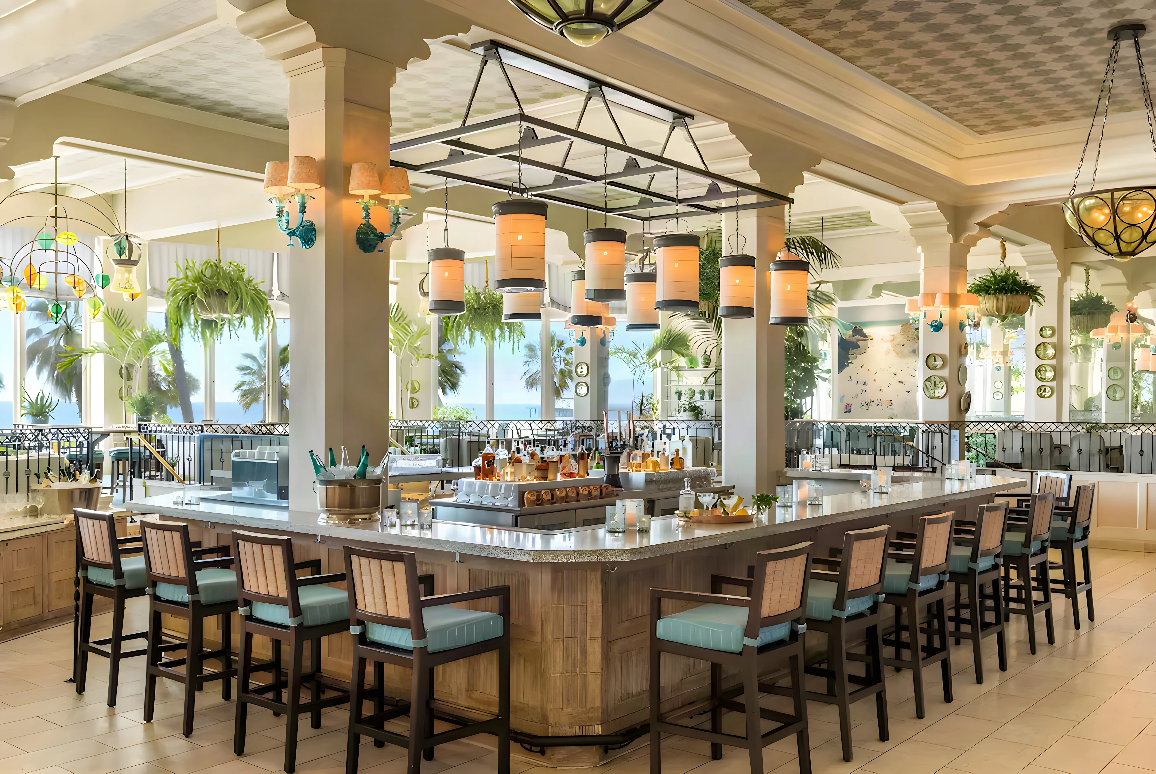 Renovated Casa del Mar lobby bar with lantern pendants, teal bar stools and a painted garden ceiling