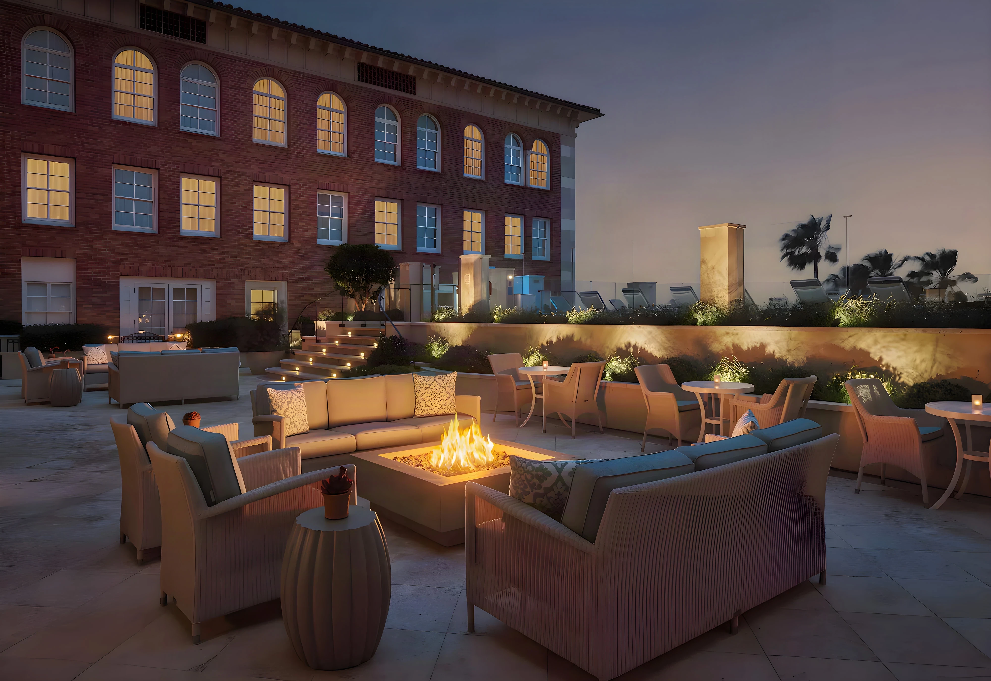 Casa del Mar terrace at evening, fire tables and lounge seating beside the brick hotel facade