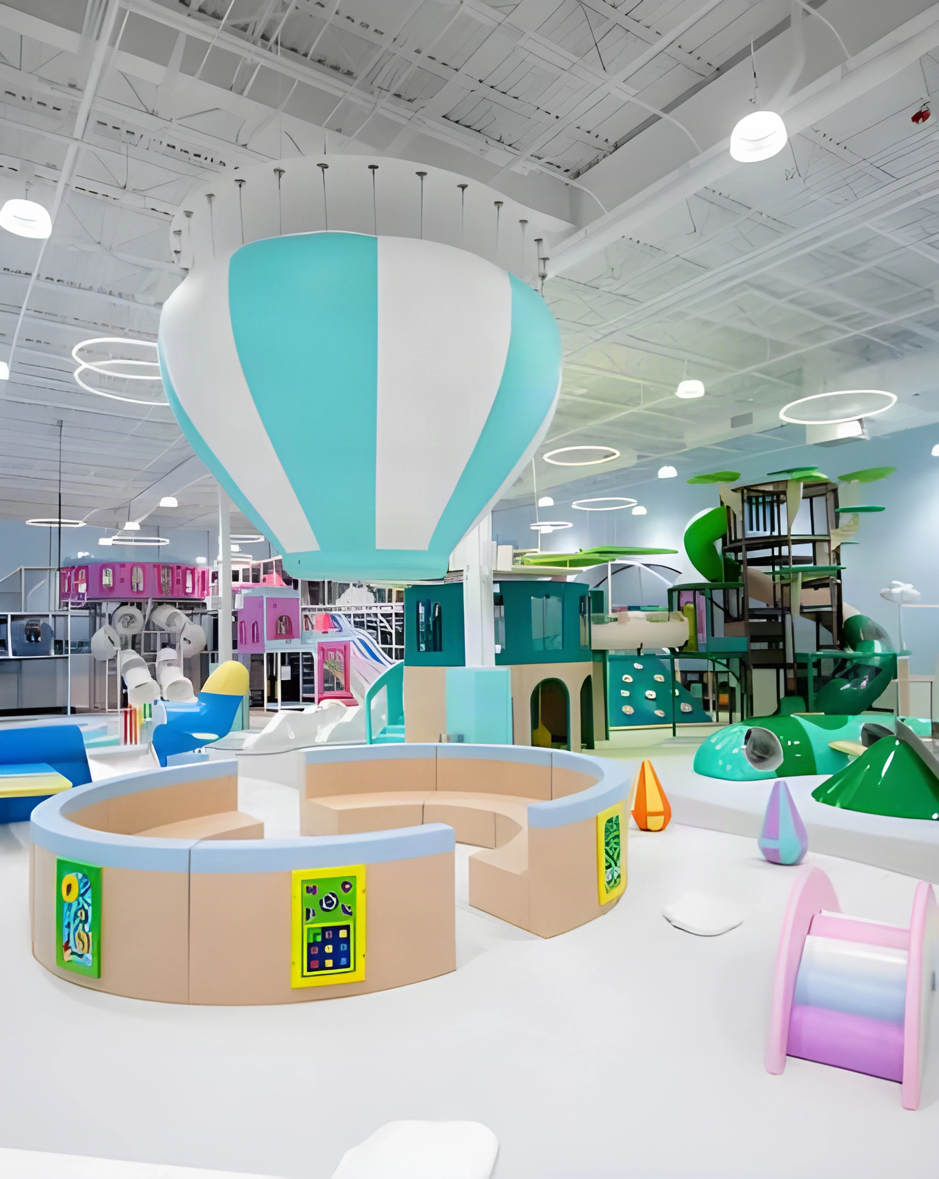 Striped hot-air-balloon play feature above a padded seating ring at Cloudbound