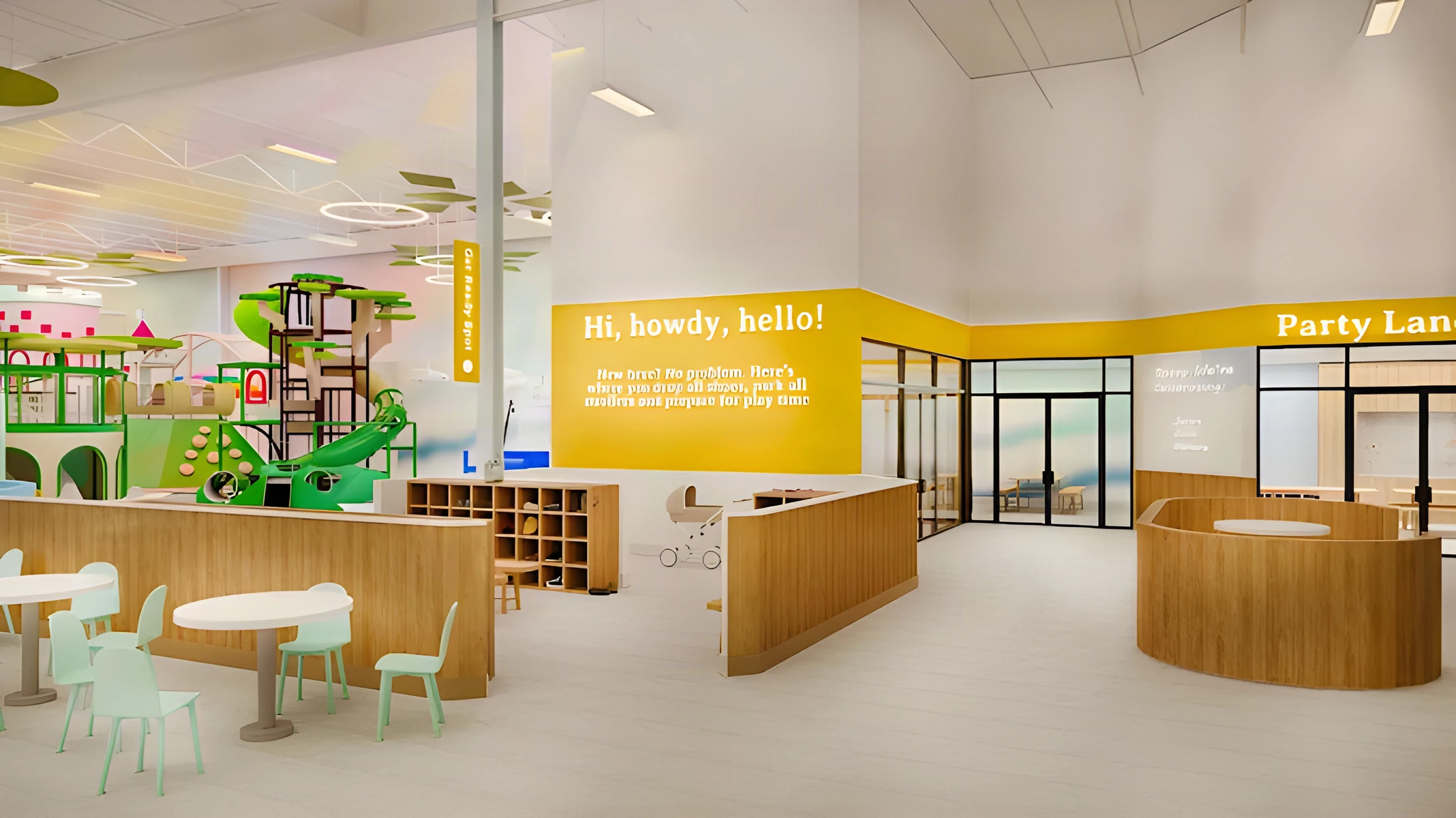 Café tables and party lane entrance inside the Cloudbound tenant improvement