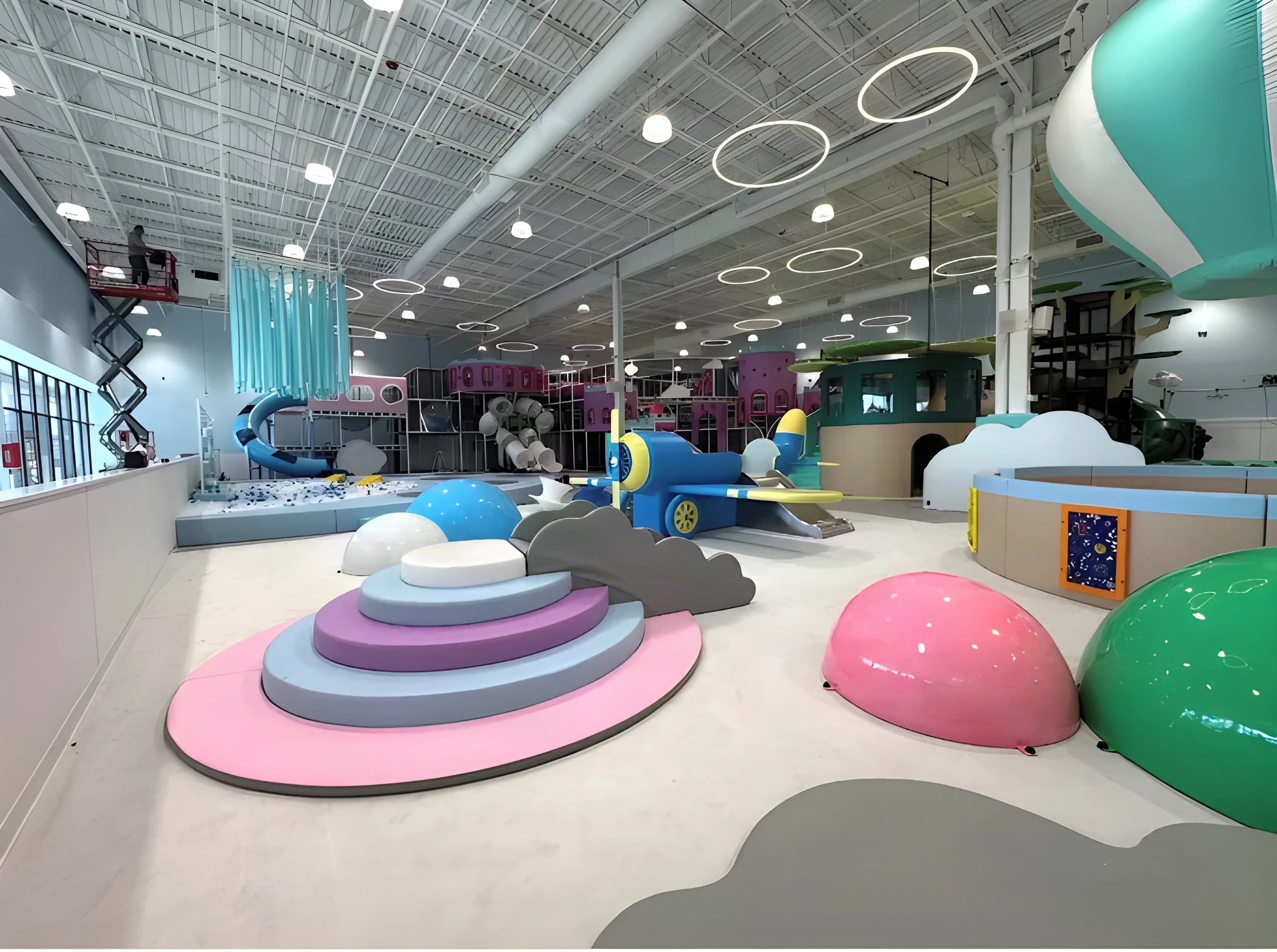 Pastel soft-play platforms and domes on the new Cloudbound play floor in New Rochelle