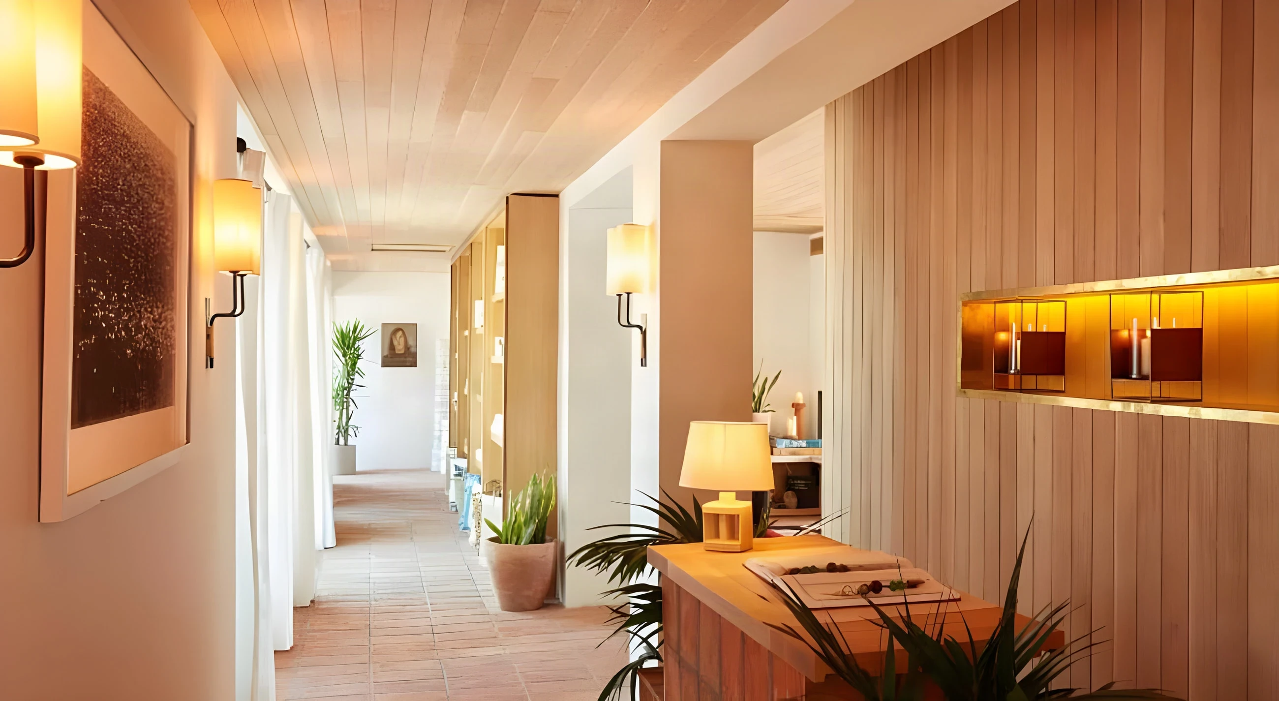 Timber-lined hallway with warm sconces and a lit display niche in the Laguna Beach hotel