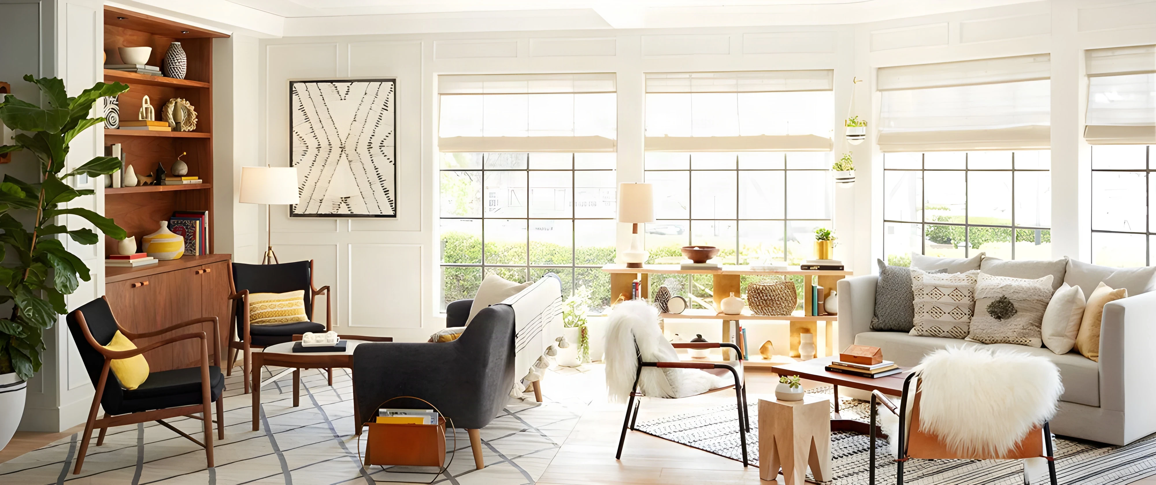 The Landsby lobby lounge with grey sofas, a timber bookcase and tall windows