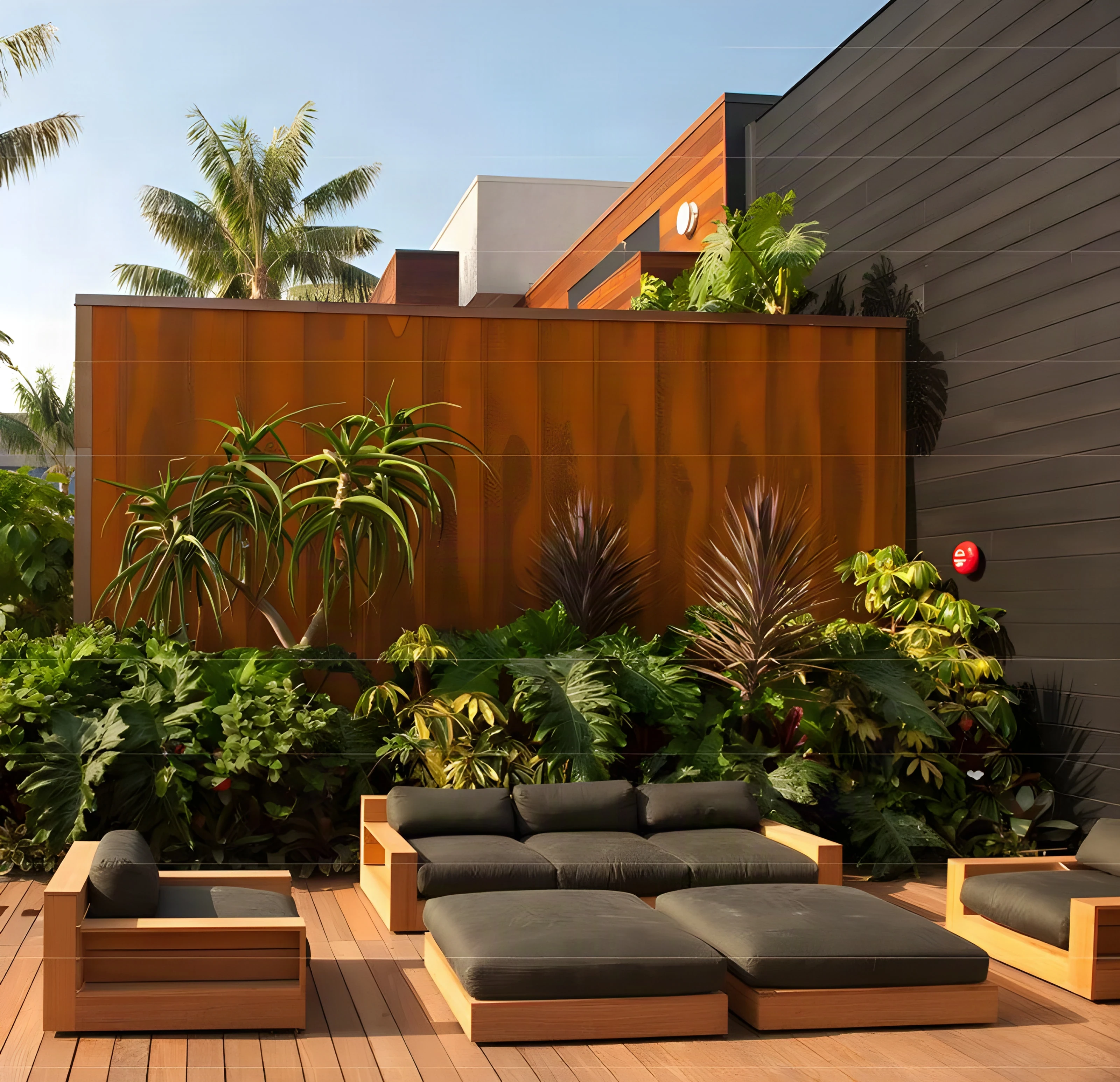 Corten steel wall behind a tropical garden and teak lounge set on the Malibu deck