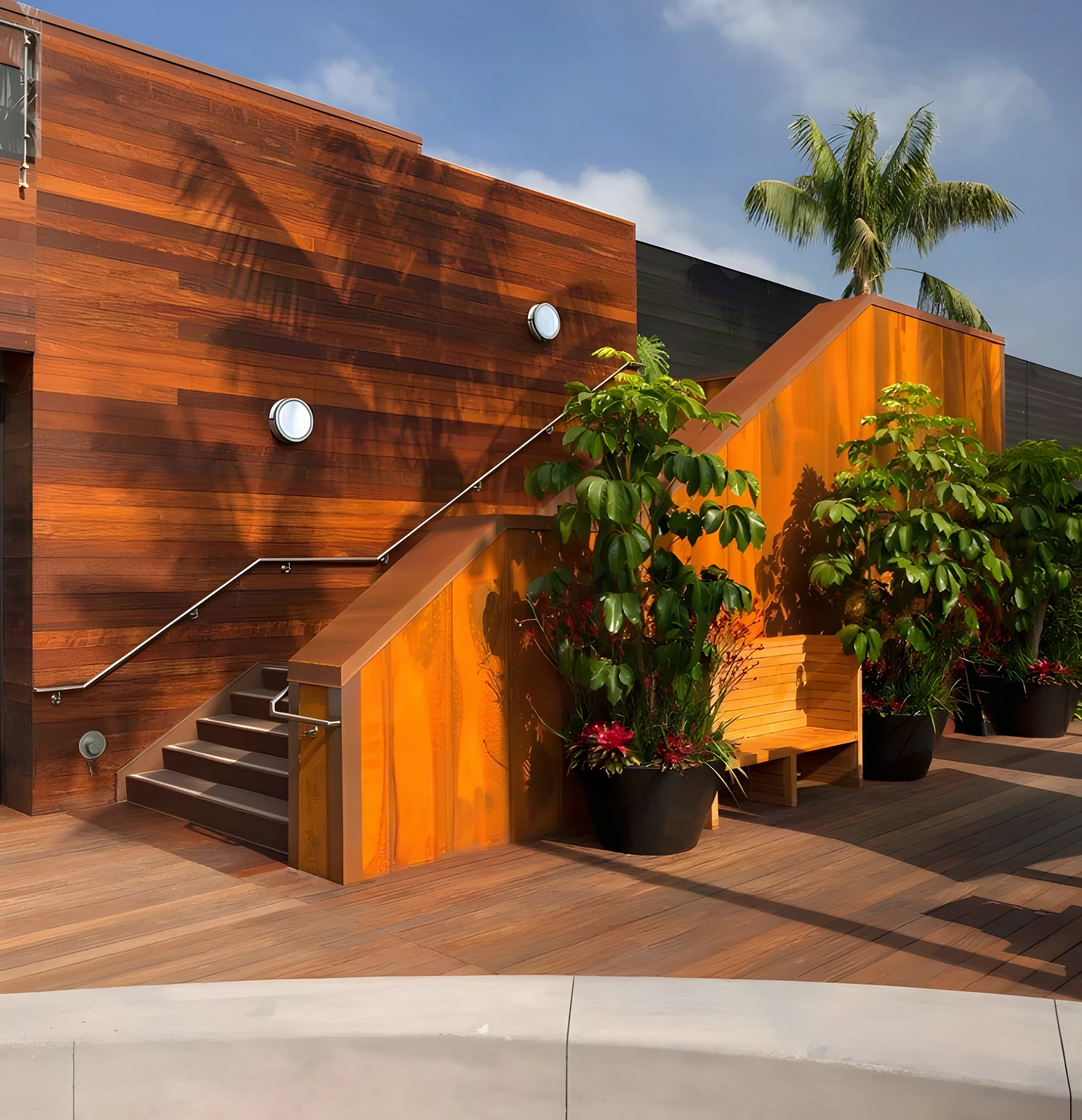 Red cedar timber stair and wall at Malibu Lumber Yard with potted palms and tropical planters