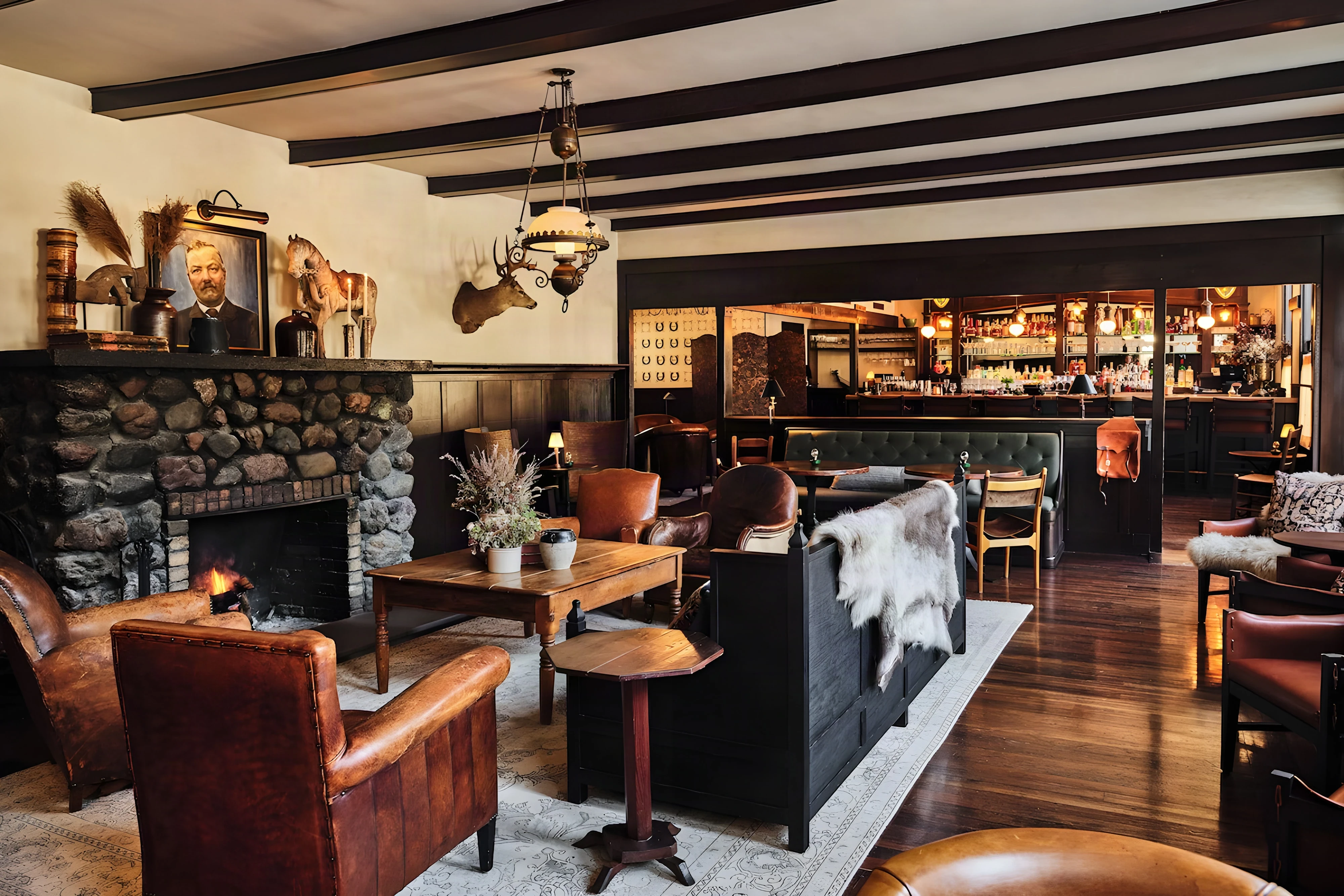 Fireside lounge at Mattei’s Tavern with a stone fireplace, leather armchairs and the lit bar beyond