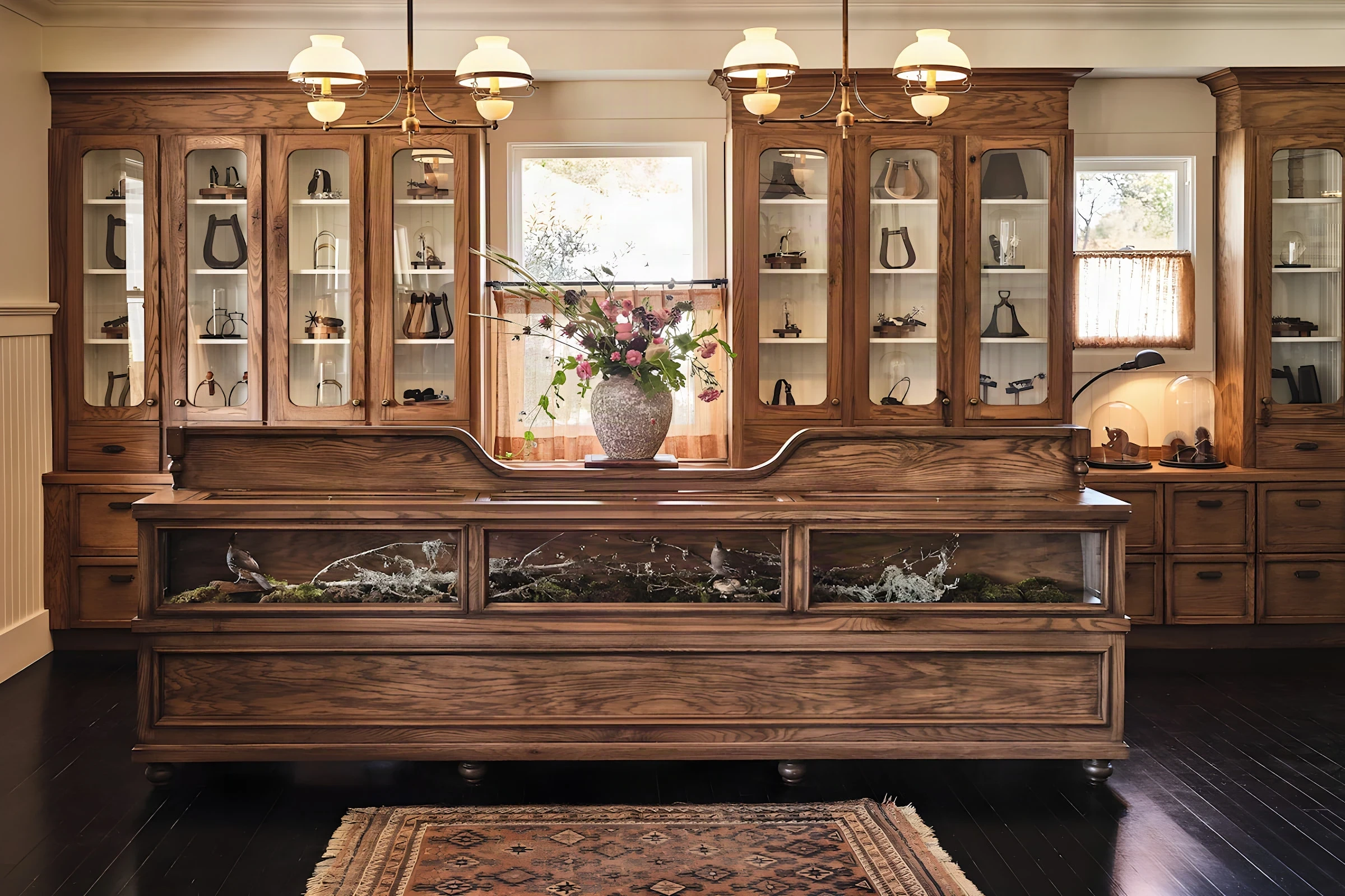 Oak display cabinetry and a glass-fronted counter beneath brass pendant lamps at Mattei’s Tavern