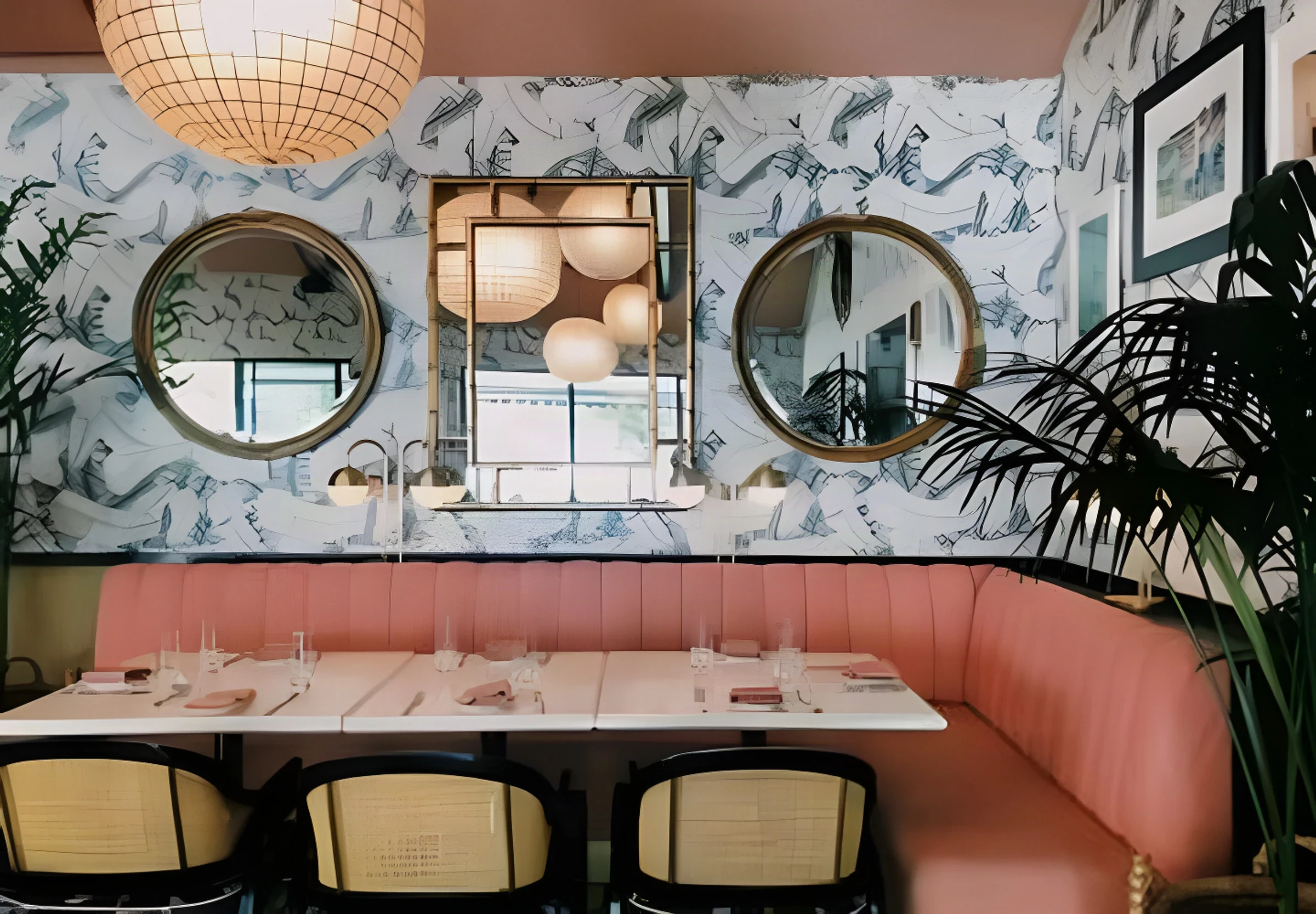 Pink velvet banquette beneath round brass mirrors and palm-leaf wallpaper at The Pink Cabana