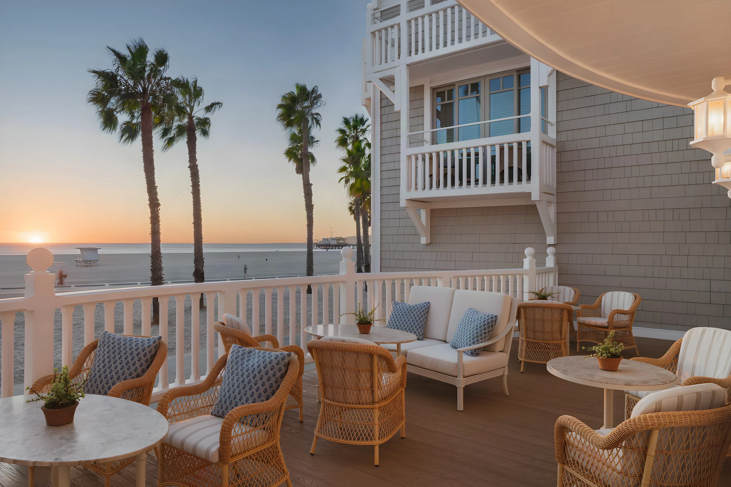 Wicker seating on a Shutters on the Beach balcony at sunset over Santa Monica Bay
