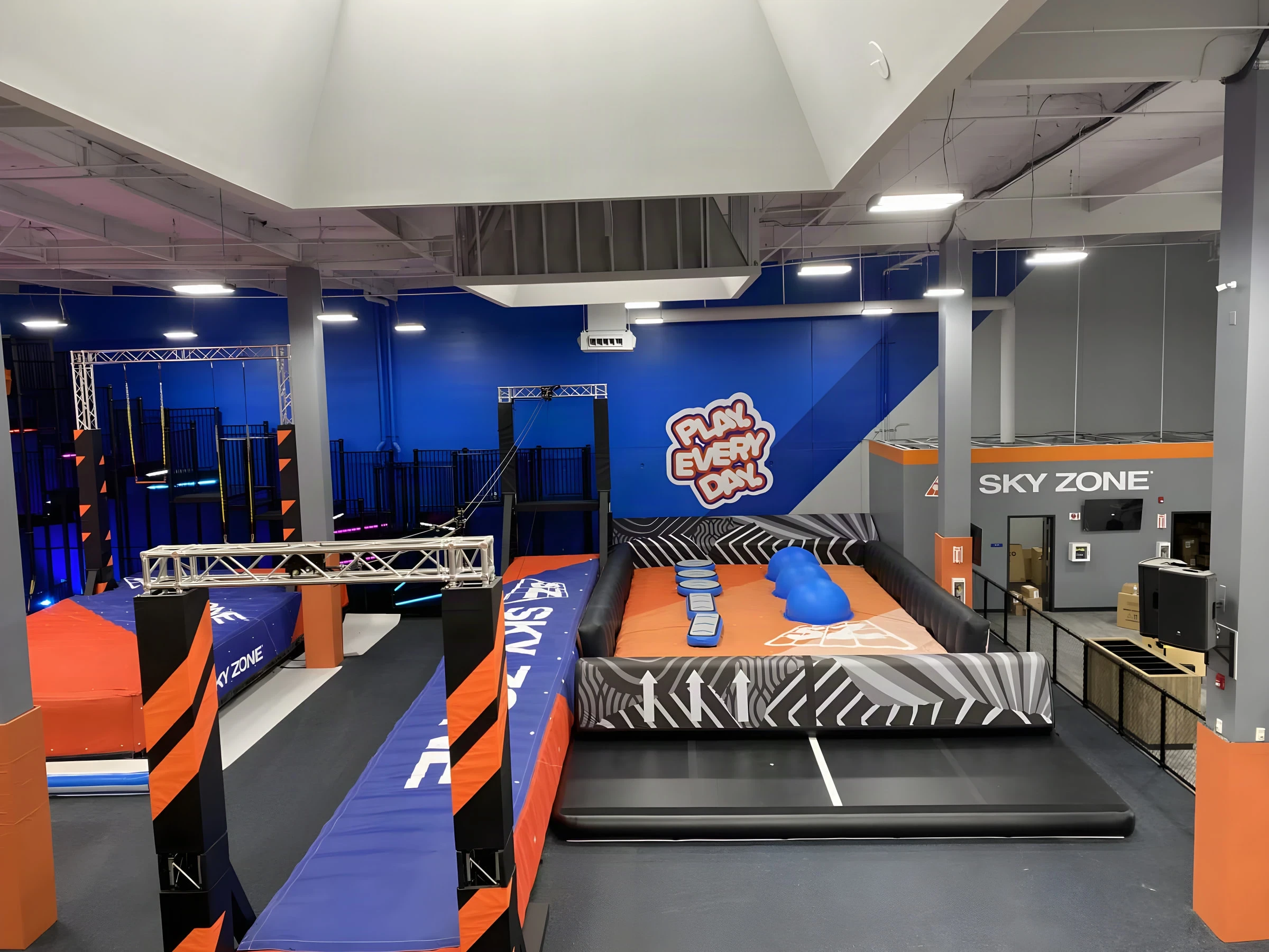 Ninja course with a truss gantry and padded lanes at Sky Zone Rancho Cucamonga
