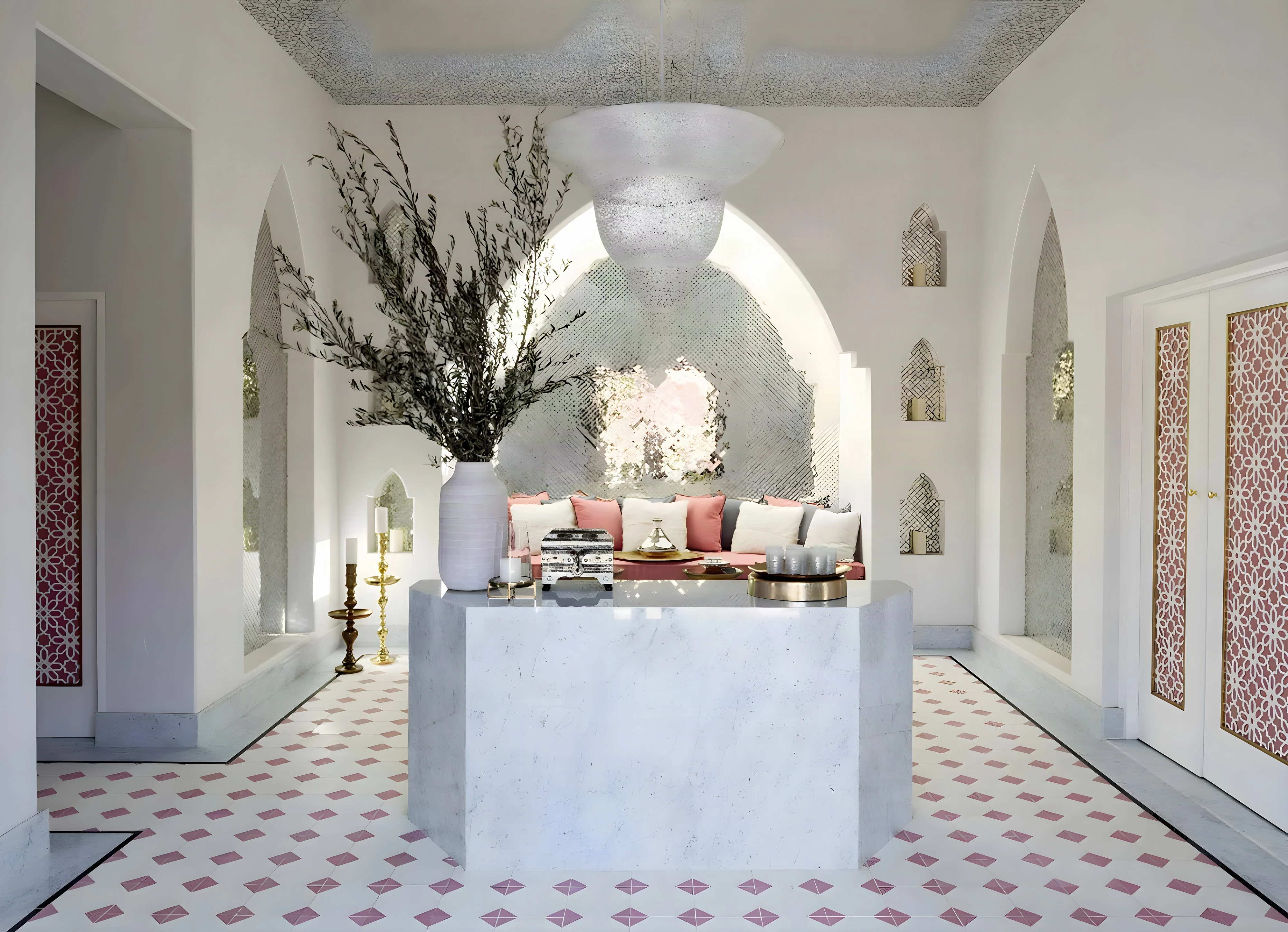 Spa lobby at Indian Wells with pointed arches, patterned doors and a marble counter