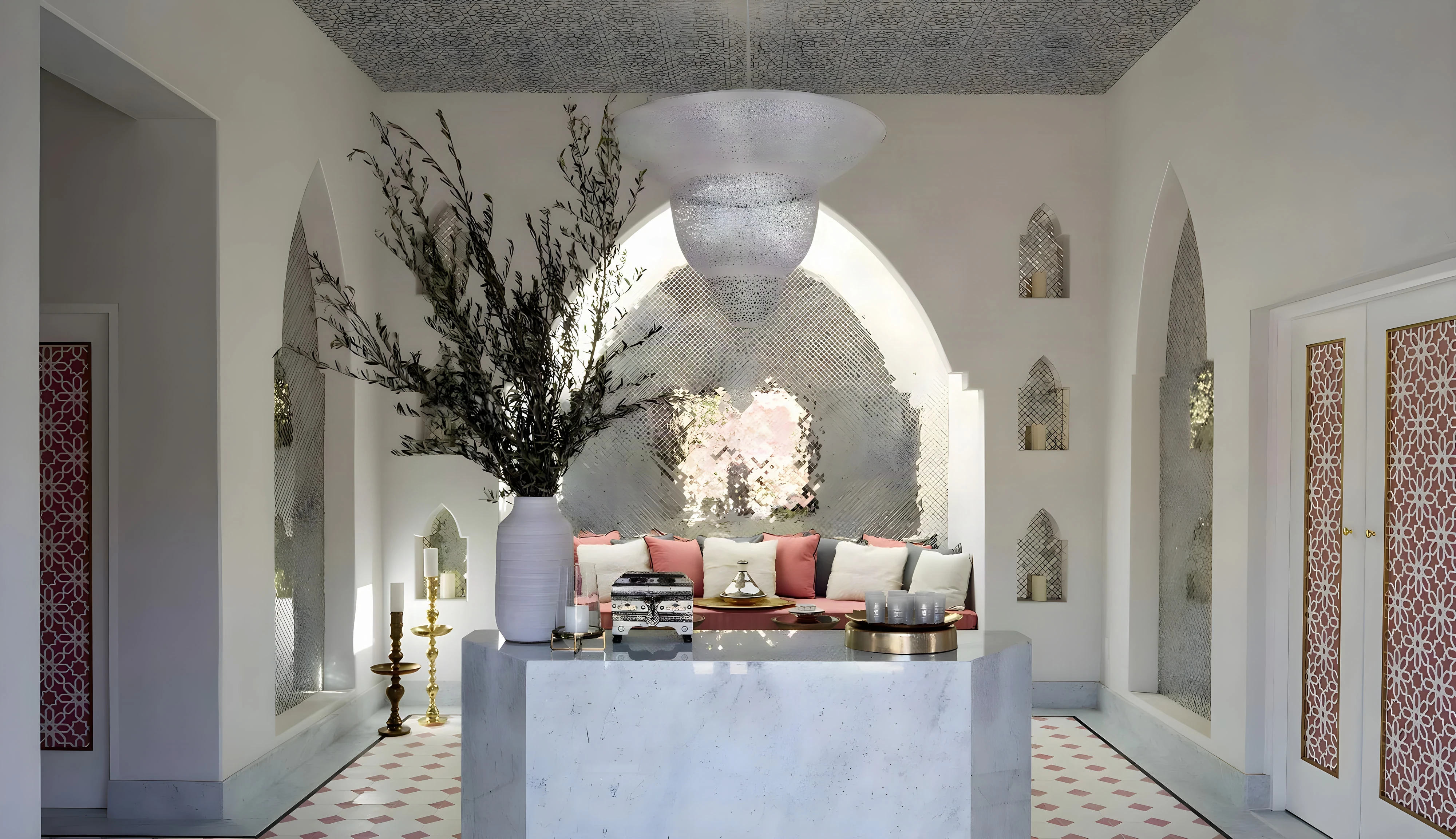Marble reception desk under a crystal pendant in the Moorish spa lobby at Indian Wells