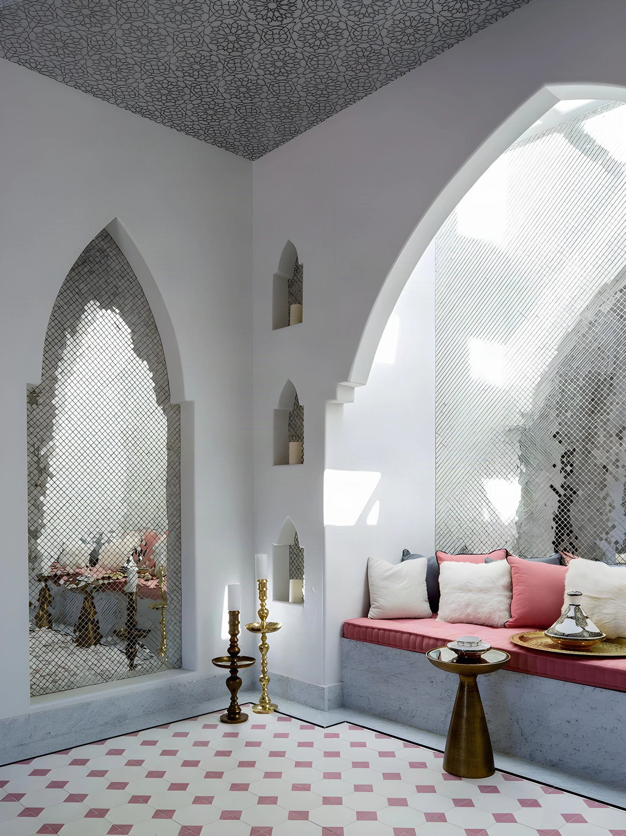 Mirror-mosaic arches and a pink cushioned bench in the Indian Wells spa lounge